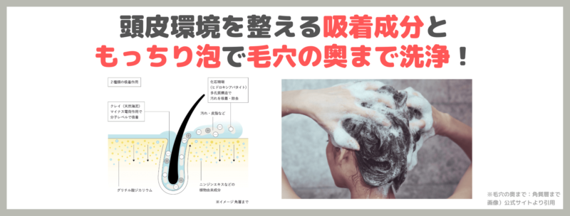 「AKNIR 薬用ヘアシャンプー&トリートメント」の特徴①｜頭皮環境を整える吸着成分ともっちり泡で毛穴の奥（※2）まで洗浄！