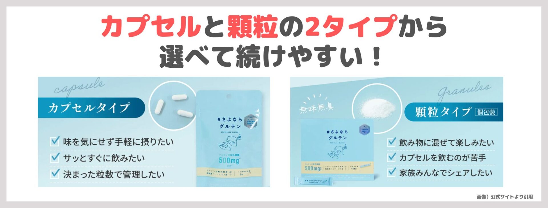 「#さよならグルテン」の特徴③|カプセルと顆粒の2タイプから選べて続けやすい!