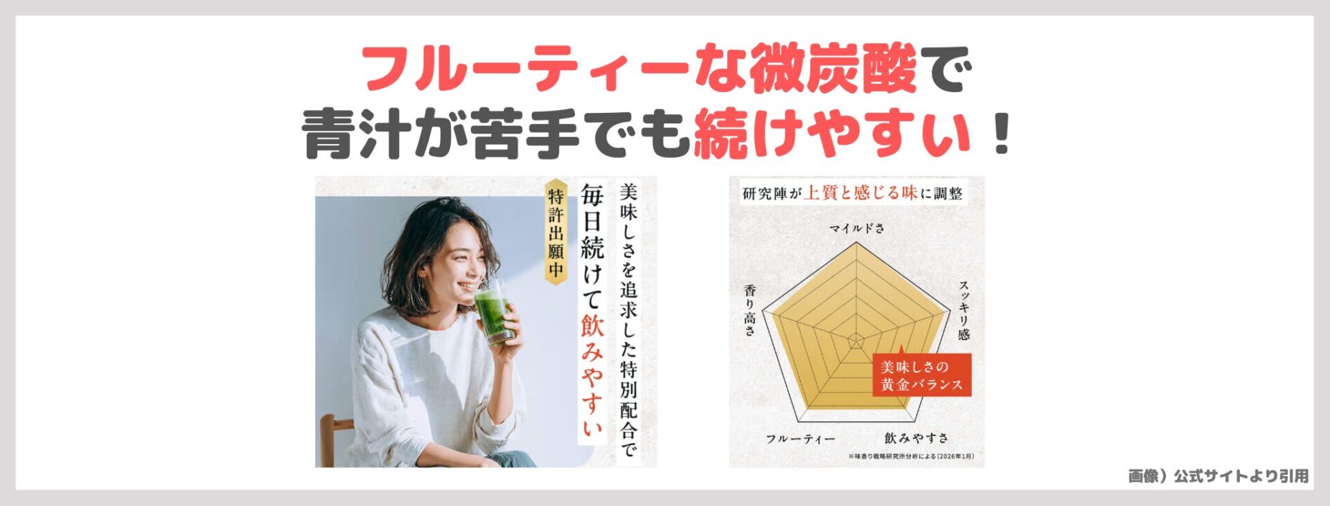 「噂の重曹クエン酸青汁® PREMIUM」の特徴③|フルーティーな微炭酸で青汁が苦手でも続けやすい!