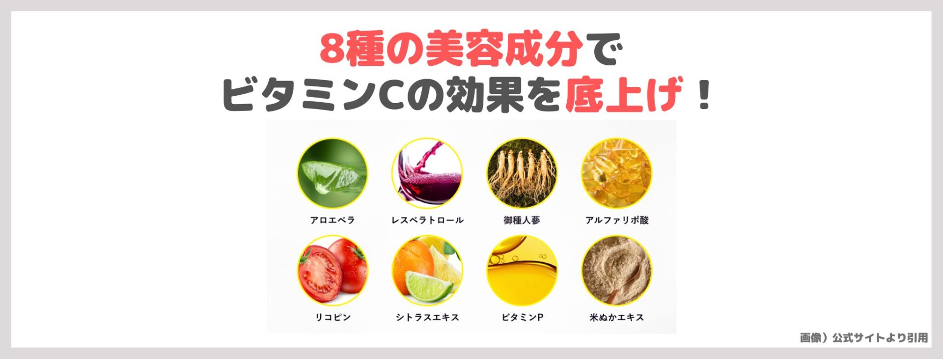 「エルリス リポソーマル VCショット1000」の特徴③|8種の美容成分で、ビタミンCの効果を底上げ!