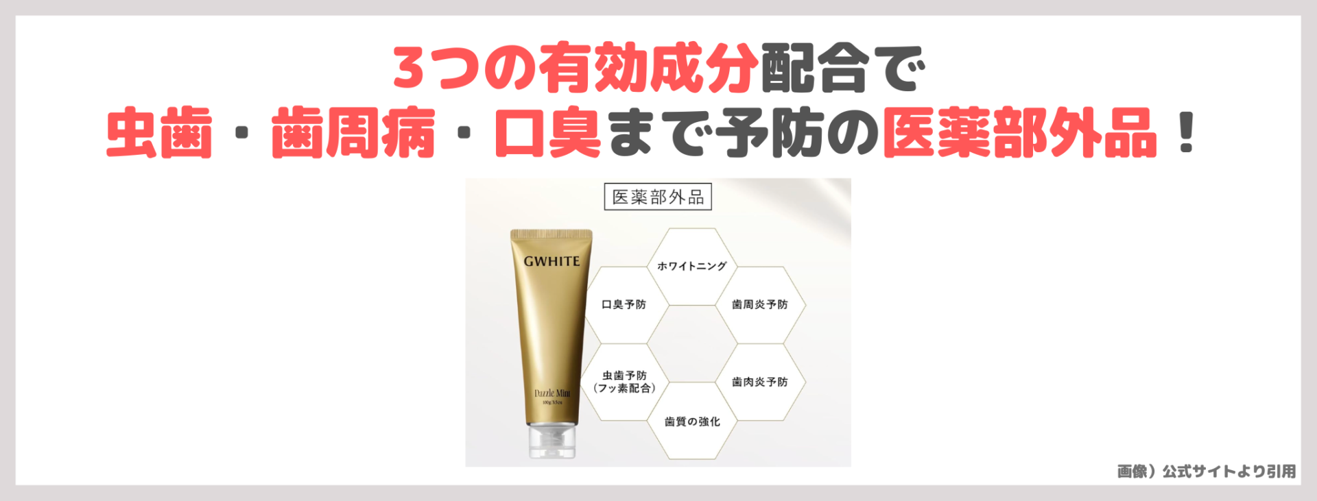 「GWHITE」の特徴②|3つの有効成分配合で虫歯・歯周病・口臭まで予防の医薬部外品!